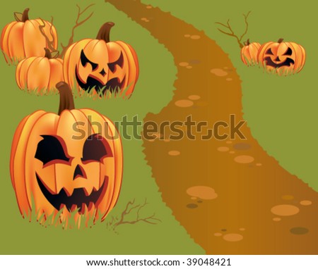A pathway leads through a pumpkin patch filled with pumpkins and jack-O-lanterns.