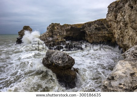 Marine storm huge waves in stone coast