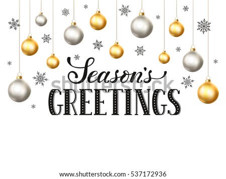 Happy holidays greeting card template. Modern New Year lettering with snowflakes ans Christmas balls isolated on white background. Season's greetings vector illustration with text.