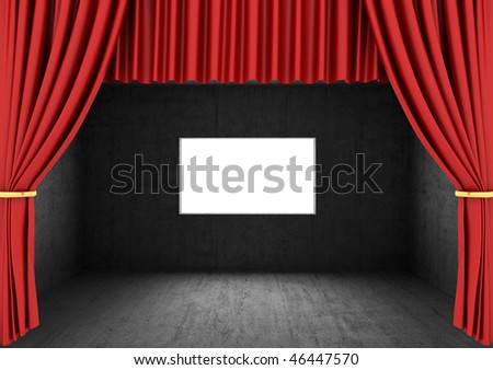 Red theater curtain and Grunge bare concrete room with window hole