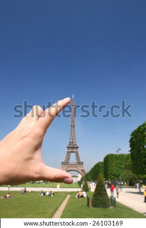 Eiffel Tower  Small Pictures on Small Eiffel Tower With Hand  Paris France Stock Photo 26103169