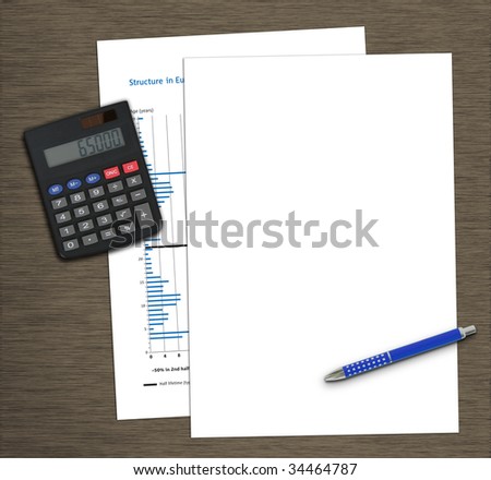 workdesk with data, calculator, pencil and plain paper