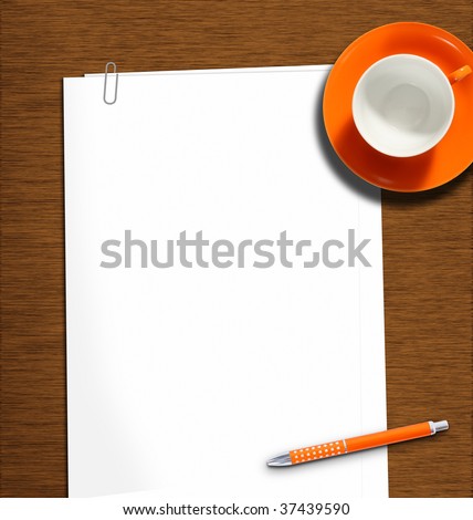 work desk with plain paper, pencil and empty coffeecup