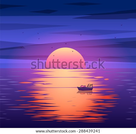 A Sailing Boat with Misty Sunset and Reflection on Water