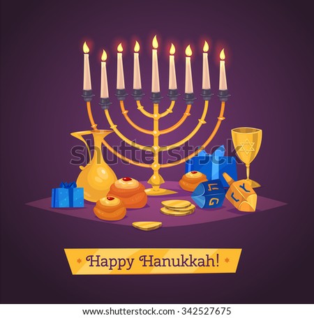 Hanukkah celebration. Great world wide jewish holiday.  Composition of colorful elements. Stock flat vector illustration set.
