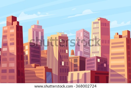 Vector beautiful sunshine over cartoon city. Cityscape with sun light.  Cute modern architecture.  Vector stock illustration.