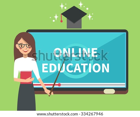 Vector online education illustration of teacher with tablet look like school board. Online education background. Online education concept.