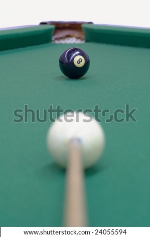 white ball, black ball and the billiard-pocket are on the same line providing the good opportunity to win the game; focus on the black ball