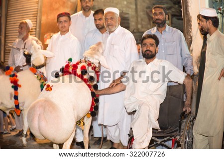 PESHAWAR, PAKISTAN, 23 Sep 2015:Wheel chair Vendor selling healthy sheep 200-250 kg sheep for Eid adha.people are just visit to see the beautiful sheeps