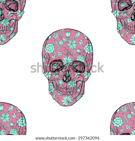 Psychedelic seamless violet skull pattern with blue flowers. White background.