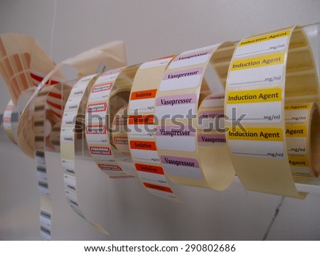 Stickers that are used by doctors to label drugs in a general anesthesia.