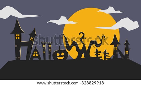 Typography for halloween, gothic haunted house, pumpkin, scary tree, super moon, siluette night illustration background