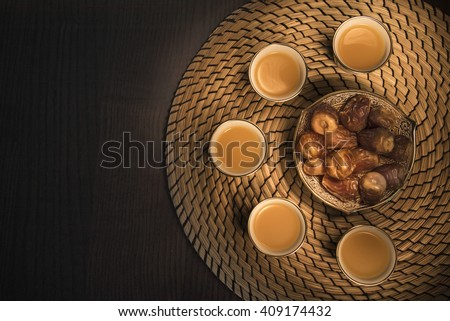 Flat lay dates with Arabian coffee