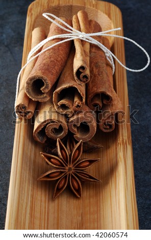 A bundle of cinnamon tied with white string and a single star anis in a wooden dish