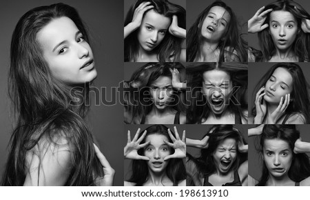 Young woman performing various expressions with her face. Black and white picture.