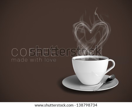 A cup of great coffee with a steamy heart. Brown background and caption saying \