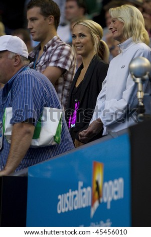 MELBOURNE, AUSTRALIA - JANUARY 23: Lleyton Hewitt's TV star Bec Cartwright at his third round match at the 2010 Australian Open on January 23, 2010 in Melbourne, Australia