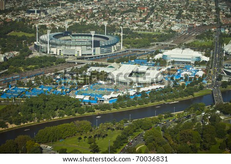 MELBOURNE, AUSTRALIA - JANUARY 28: The view of Melbourne park (from the Eureka Sky Deck) the home the Australian Open Tennis Tournament on January 28, 2011 in Melbourne, Australia