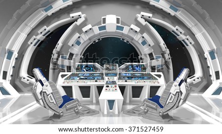 Spaceship. Command room. White interior. 3D illustration.