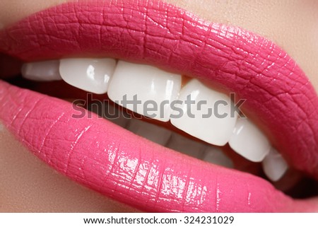 Perfect smile before and after bleaching. Dental care and whitening teeth. Smile with white healthy teeth. Healthy woman teeth and smile and sexy full pink lips