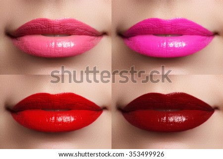 Beautiful lips collection color wine, fuchsia, pink, red. Beautiful make-up closeup. Sensual open mouth. Lipstick and lipgloss