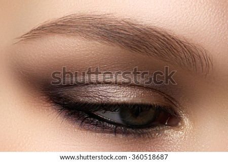Eye makeup. Beautiful eyes make-up. Holiday makeup detail. Long eyelashes. Close-up shot of female eye make-up in smoky eyes style