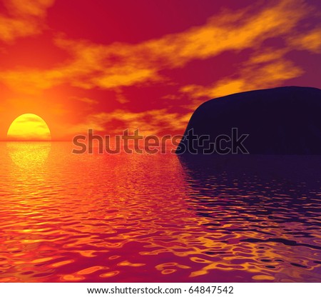 Beautiful orange sunset with water and mountain