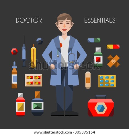 doctor essentials first aid kit tools instruments medical supplies profession flat vector people  items icons objects