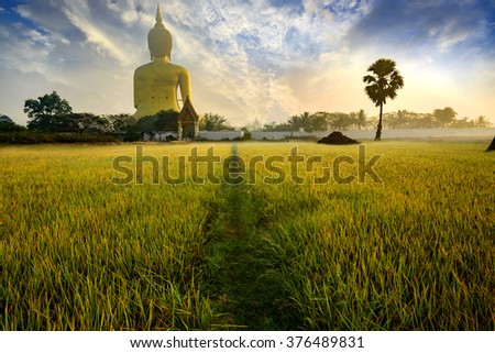 Big golden buddha statue in the temple of Thailand/Wat Maung ,Angthong Province, Thailand.