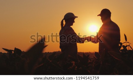 Handshake men and women farmers. On the field at sunset