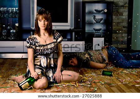 Sad woman and a drunk man after party