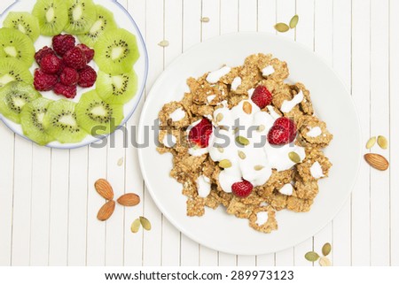 Healthy meal with fruits, cereals and nuts