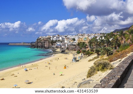 Beautiful beach on the Atlantic Ocean on the island of Fuerteventura in the village of Morro Jable / View on the Morro Jable. Jandia. Fuerteventura. Canary Islands