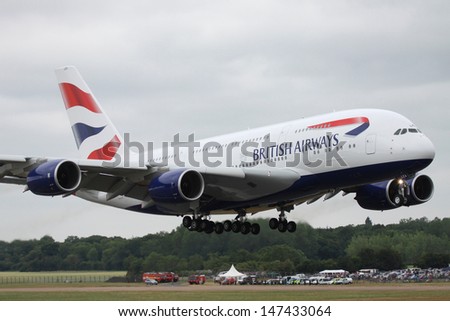 FAIRFORD.ENGLAND-JULY 20: The first public appearance of an Airbus A380 in British Airways colours at the Royal International Air Tattoo on JULY 20,2013.