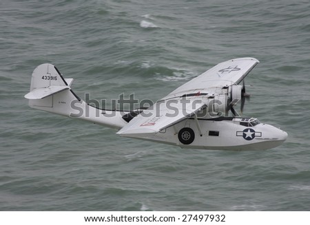 EASTBOURNE, SUSSEX - AUGUST 16 : Consolidated  PBY5A Catalina flying boat performs at the Airbourne airshow on August 16, 2008 in Beachy Head, Eastbourne, Sussex, UK.