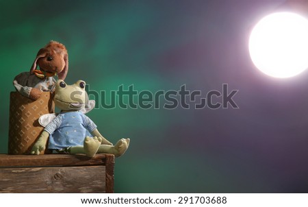 Two stuffed animals looking at a bright light