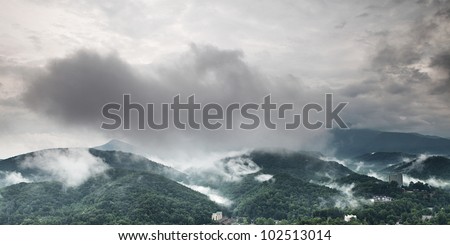 Fog and cloud mountain valley landscape. Great Smoky Mountain National Park, Tennessee, USA