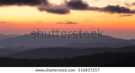 Smoky Mountains ridge at cloudy sunset. Great Smoky Mountains National Park, USA