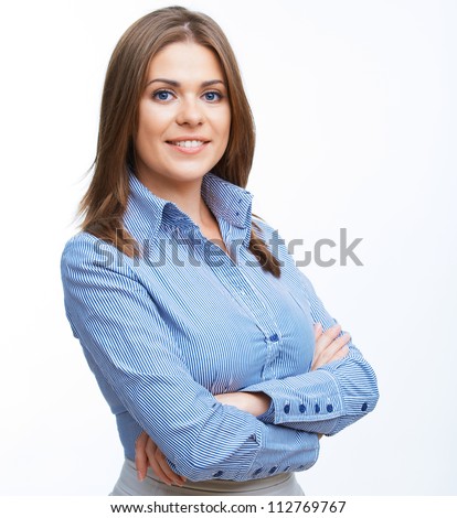 Smiling business woman with folded hands against white background Toothy smile crossed arms Smiling business woman with folded hands against white background Toothy smile crossed arms