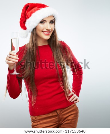 Christmas isolated woman portrait hold wine glass. Smiling happy girl on white background.