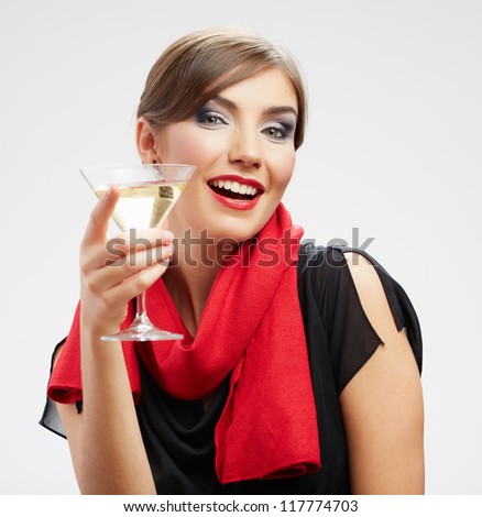 Young beautiful celebrate woman drink wine. Smiling female model in black dress holiday isolated  portrait
