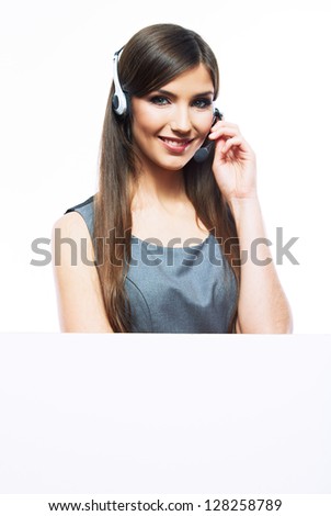 Woman customer service worker with big blank board, call center smiling operator with phone headset