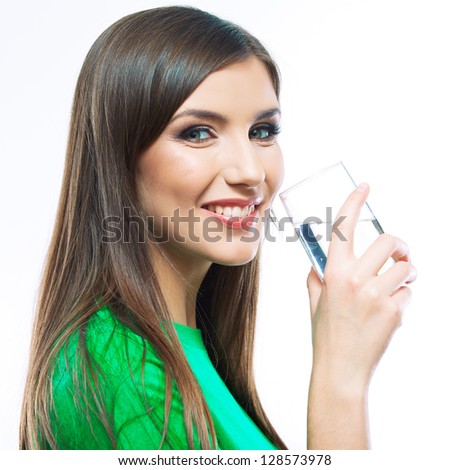 Woman with water glass isolated against white background
