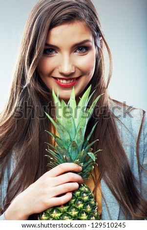 Fruit woman isolated .  Close up woman face . Smiling female model.