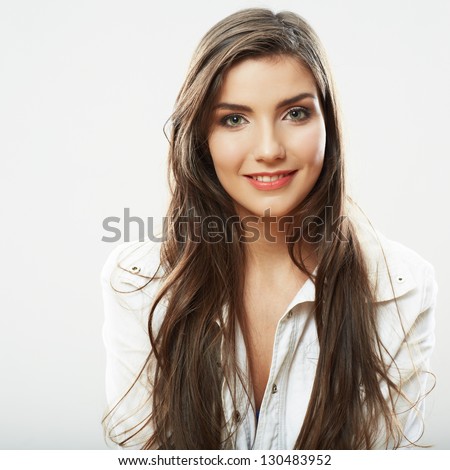 Beauty smiling  woman face close up portrait. Female young model. Studio isolated .