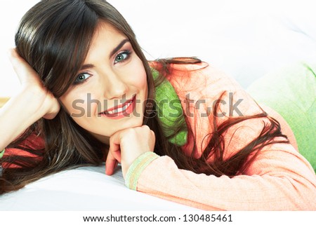 Bed time smiling  woman portrait. White background isolated.