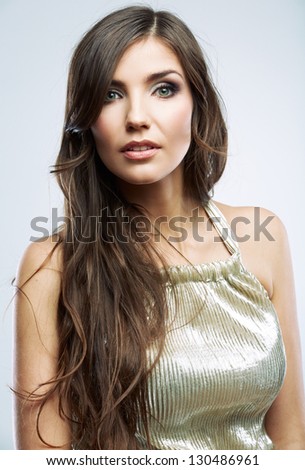 Fashion woman portrait. Female young model. Studio isolated , gray background .