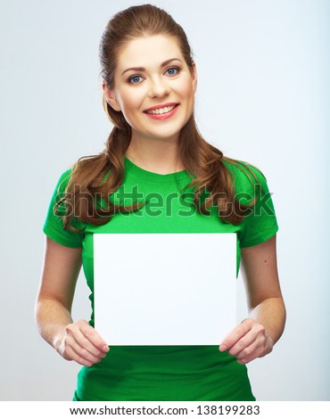 Girl student hold white blank board. White background young woman isolated. female model.