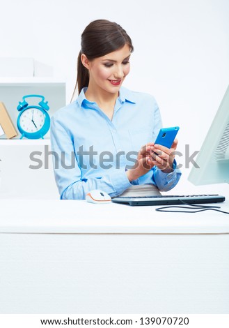 Portrait of smiling business woman call center operator at work. Young female business model.