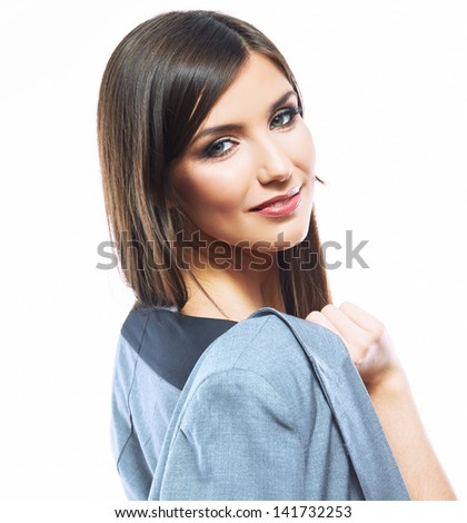Portrait of happy young business woman white background isolated, dressed corporate business style suit. Female business model.